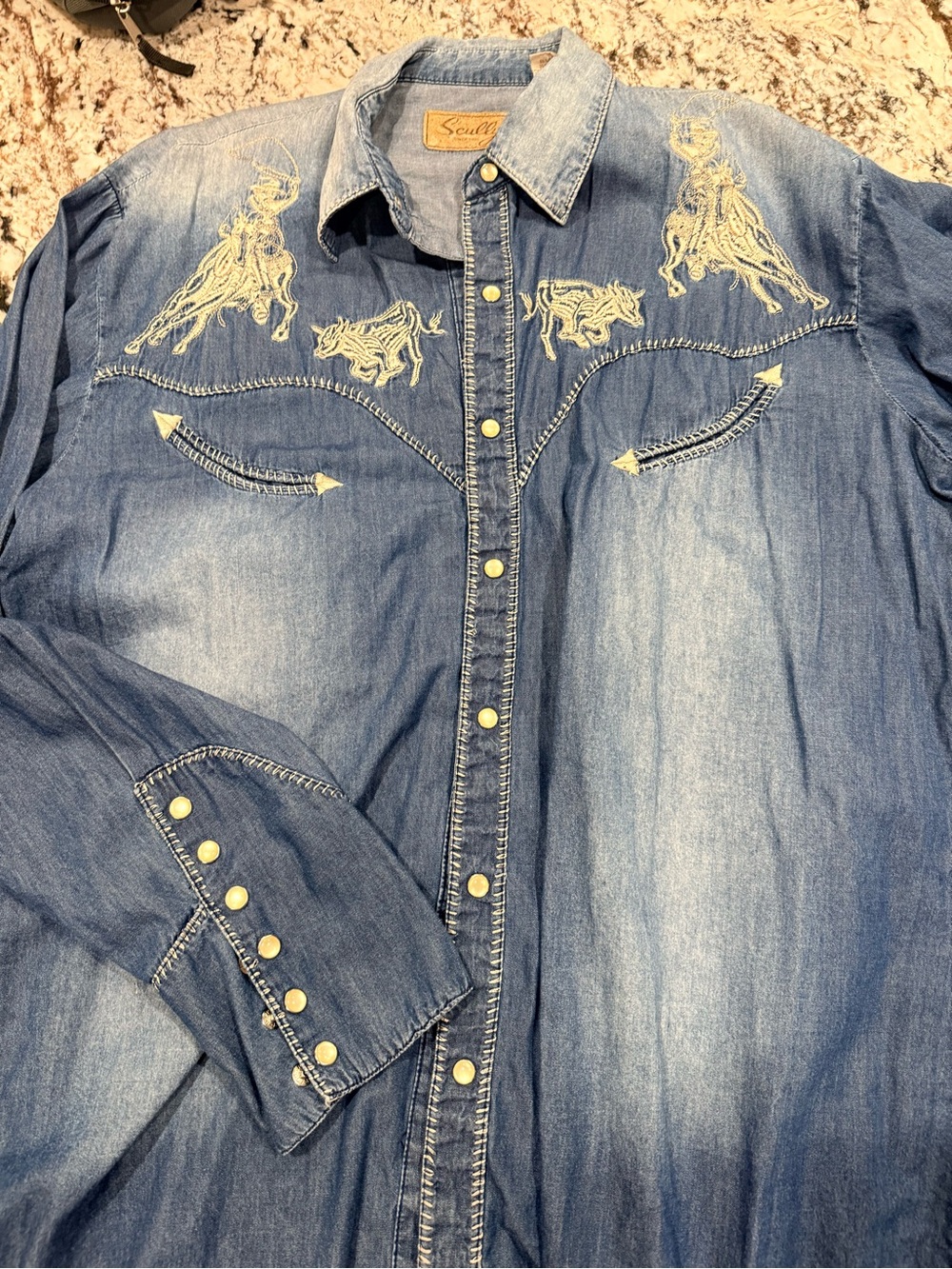 Scully Denim Blue Western Embroidered Button-Down Shirt